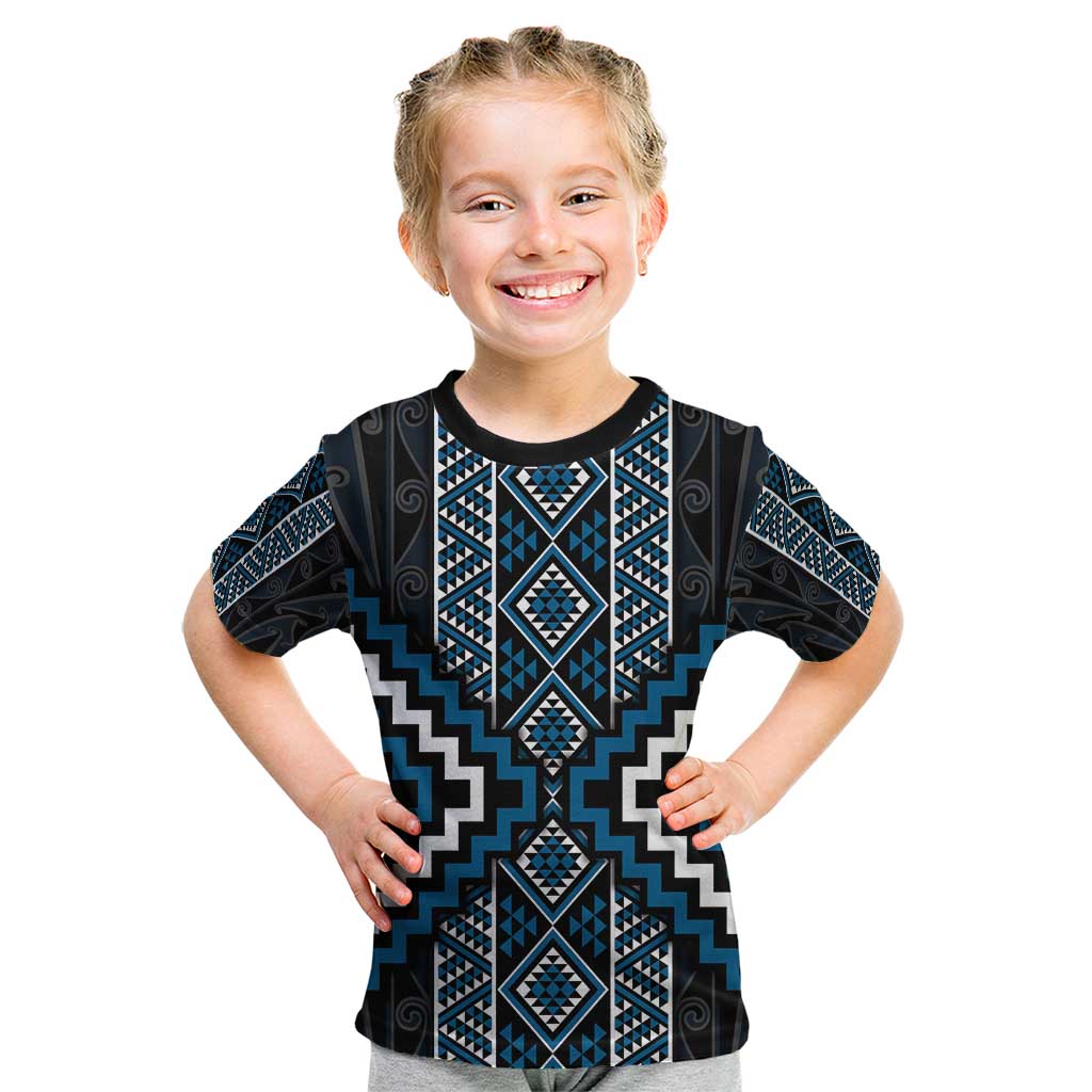 Azure Tukutuku Pattern Aotearoa Kid T Shirt Niho Taniwha and Puhoro Motifs LT7 Blue - Polynesian Pride