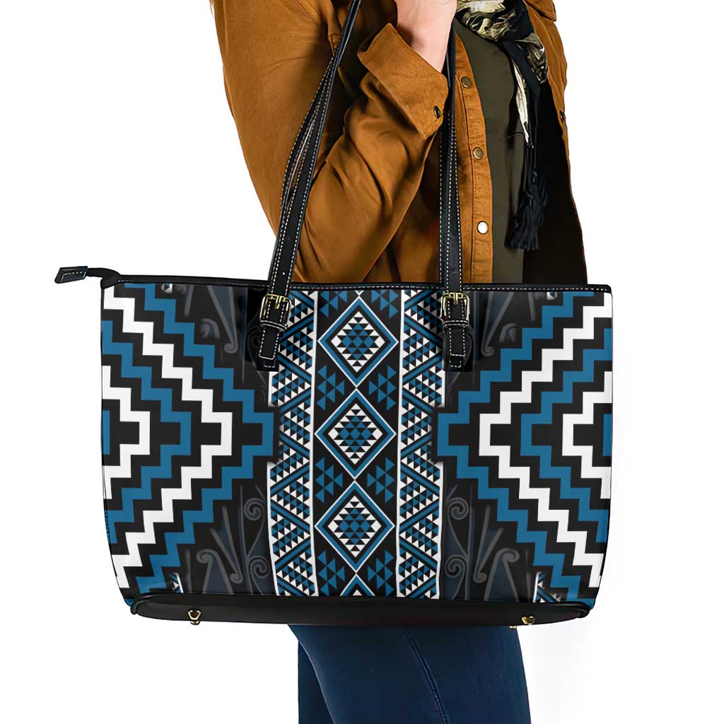 Azure Tukutuku Pattern Aotearoa Leather Tote Bag Niho Taniwha and Puhoro Motifs