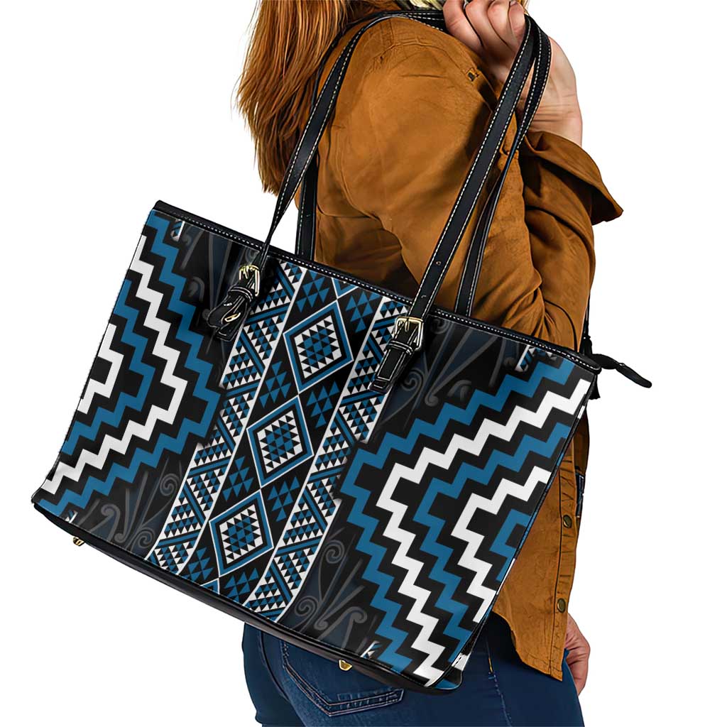 Azure Tukutuku Pattern Aotearoa Leather Tote Bag Niho Taniwha and Puhoro Motifs