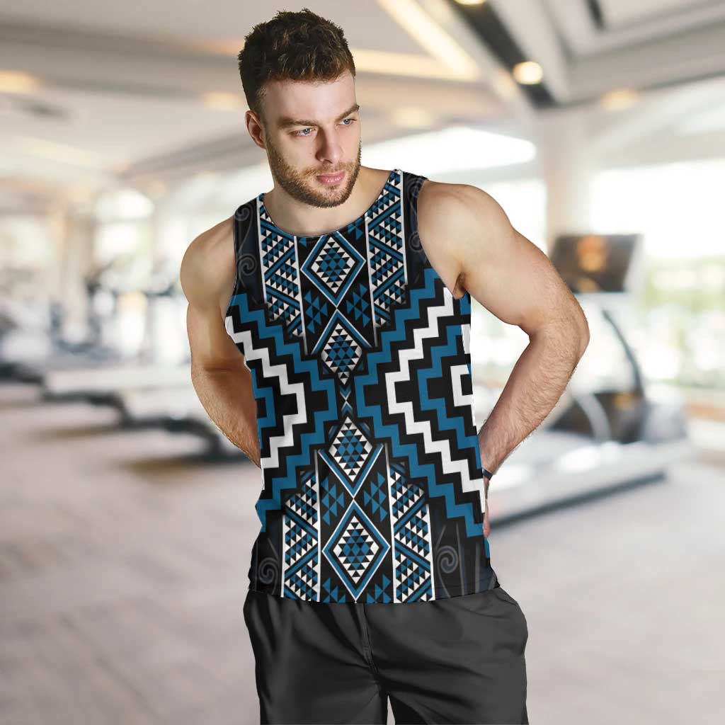 Azure Tukutuku Pattern Aotearoa Men Tank Top Niho Taniwha and Puhoro Motifs