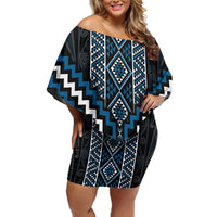 Azure Tukutuku Pattern Aotearoa Off Shoulder Short Dress Niho Taniwha and Puhoro Motifs