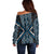 Azure Tukutuku Pattern Aotearoa Off Shoulder Sweater Niho Taniwha and Puhoro Motifs