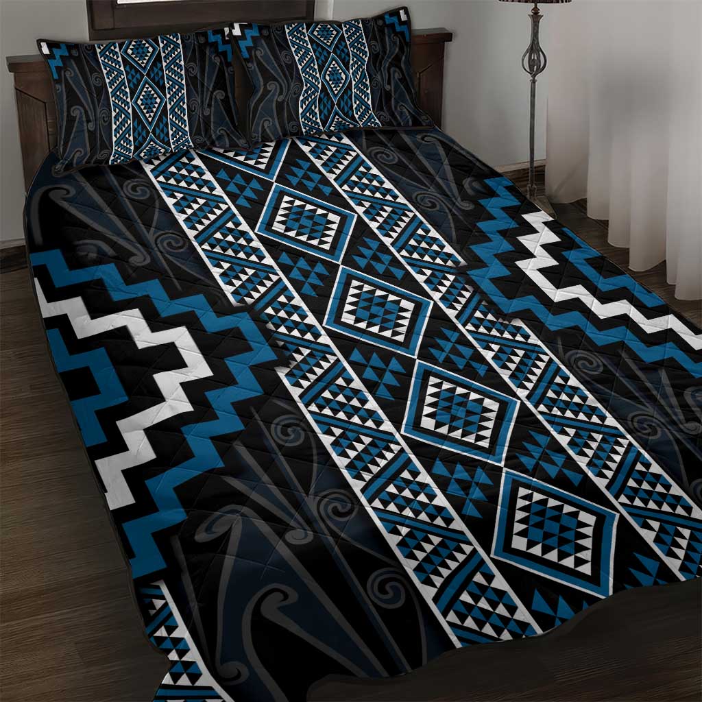Azure Tukutuku Pattern Aotearoa Quilt Bed Set Niho Taniwha and Puhoro Motifs LT7 Blue - Polynesian Pride