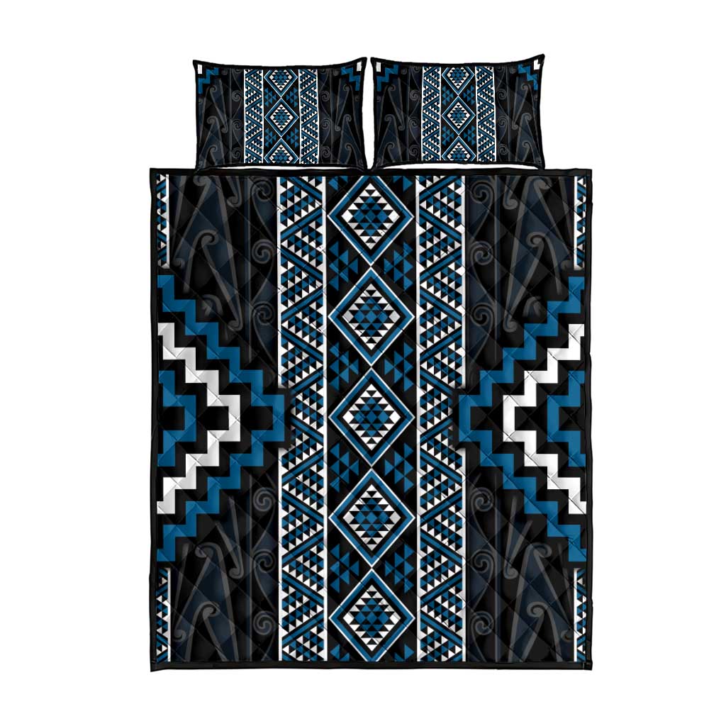Azure Tukutuku Pattern Aotearoa Quilt Bed Set Niho Taniwha and Puhoro Motifs