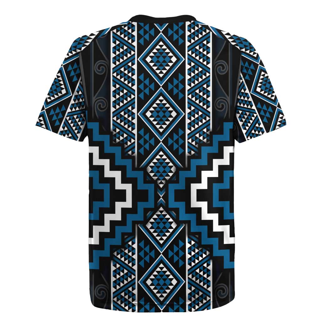 Azure Tukutuku Pattern Aotearoa Rugby Jersey Niho Taniwha and Puhoro Motifs