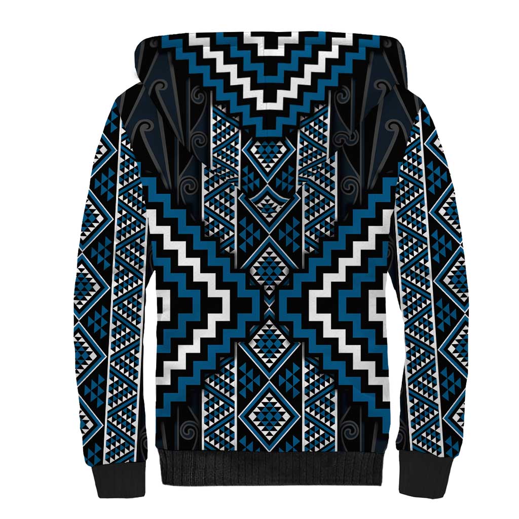 Azure Tukutuku Pattern Aotearoa Sherpa Hoodie Niho Taniwha and Puhoro Motifs
