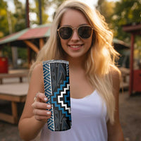Azure Tukutuku Pattern Aotearoa Skinny Tumbler Niho Taniwha and Puhoro Motifs
