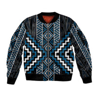 Azure Tukutuku Pattern Aotearoa Sleeve Zip Bomber Jacket Niho Taniwha and Puhoro Motifs