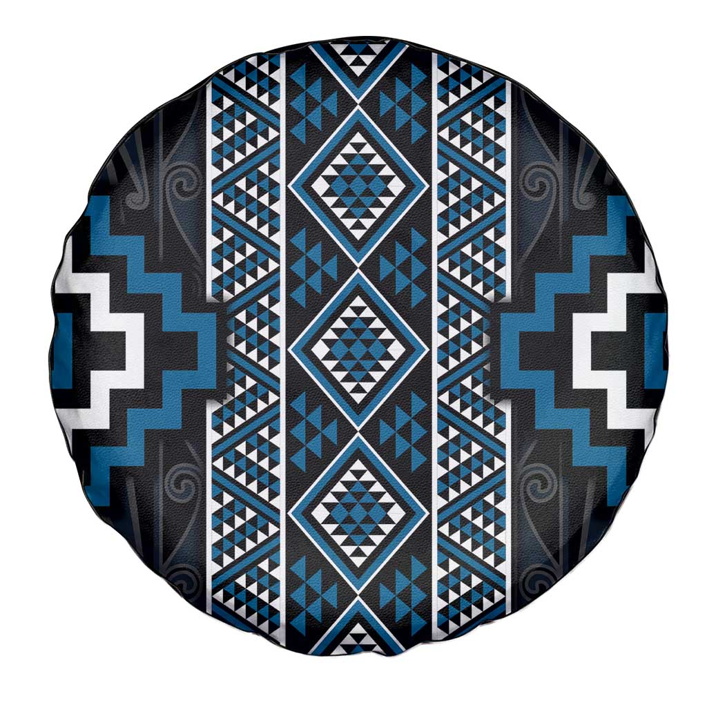 Azure Tukutuku Pattern Aotearoa Spare Tire Cover Niho Taniwha and Puhoro Motifs