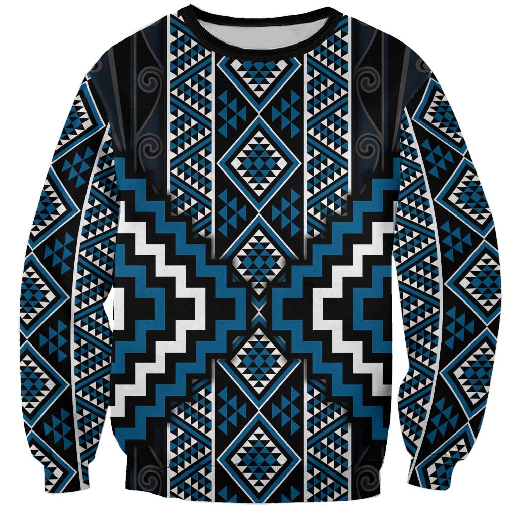 Azure Tukutuku Pattern Aotearoa Sweatshirt Niho Taniwha and Puhoro Motifs