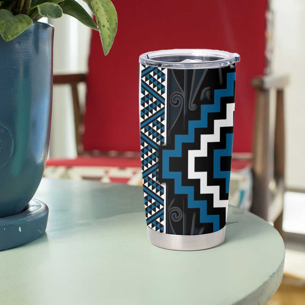 Azure Tukutuku Pattern Aotearoa Tumbler Cup Niho Taniwha and Puhoro Motifs