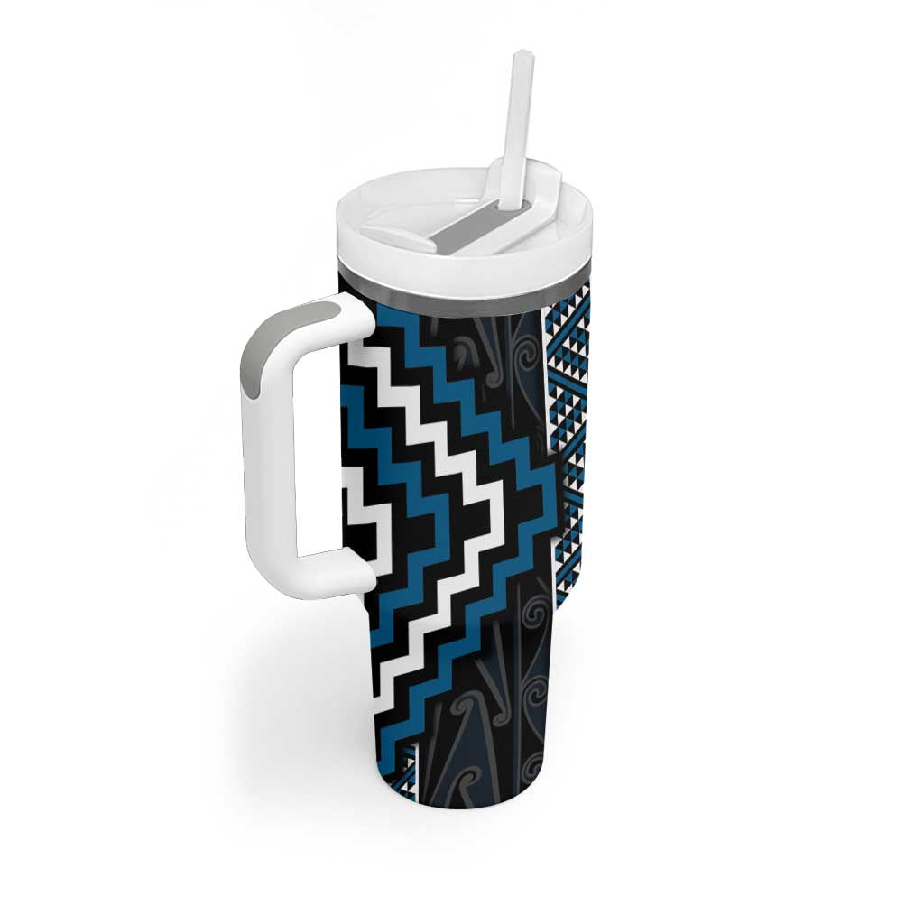 Azure Tukutuku Pattern Aotearoa Tumbler With Handle Niho Taniwha and Puhoro Motifs