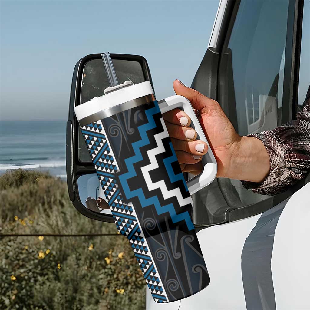 Azure Tukutuku Pattern Aotearoa Tumbler With Handle Niho Taniwha and Puhoro Motifs