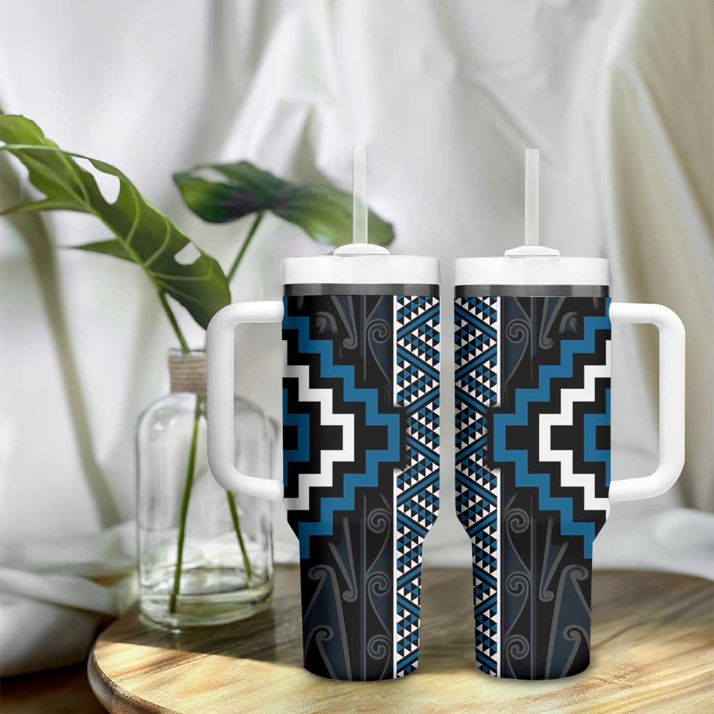 Azure Tukutuku Pattern Aotearoa Tumbler With Handle Niho Taniwha and Puhoro Motifs