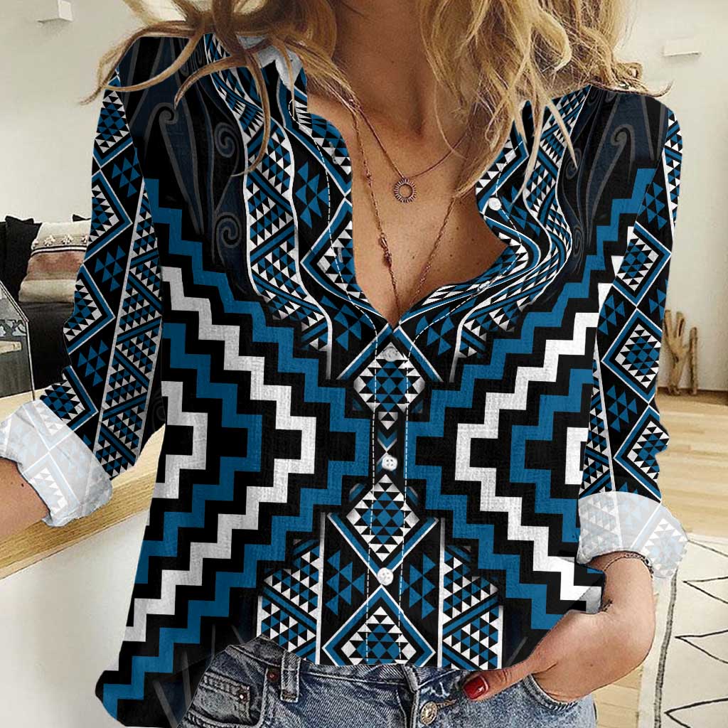 Azure Tukutuku Pattern Aotearoa Women Casual Shirt Niho Taniwha and Puhoro Motifs