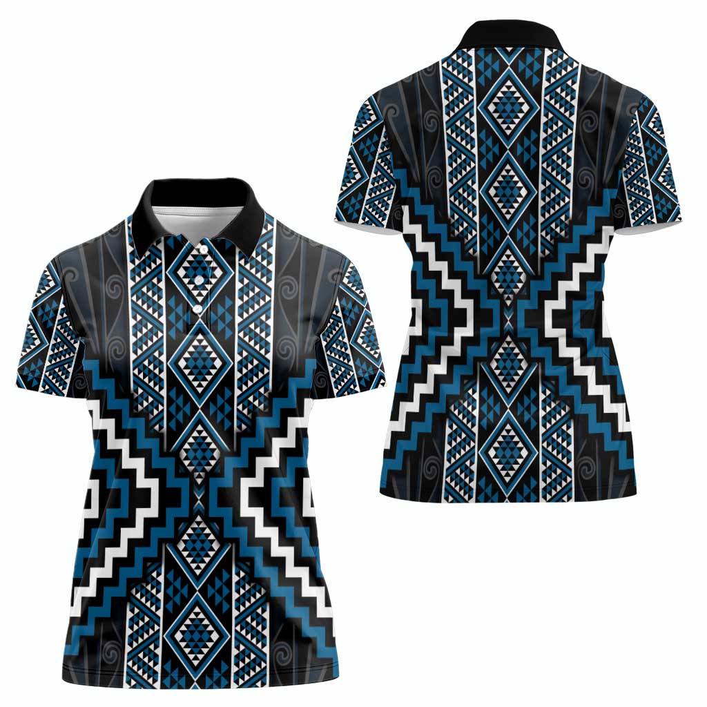 Azure Tukutuku Pattern Aotearoa Women Polo Shirt Niho Taniwha and Puhoro Motifs