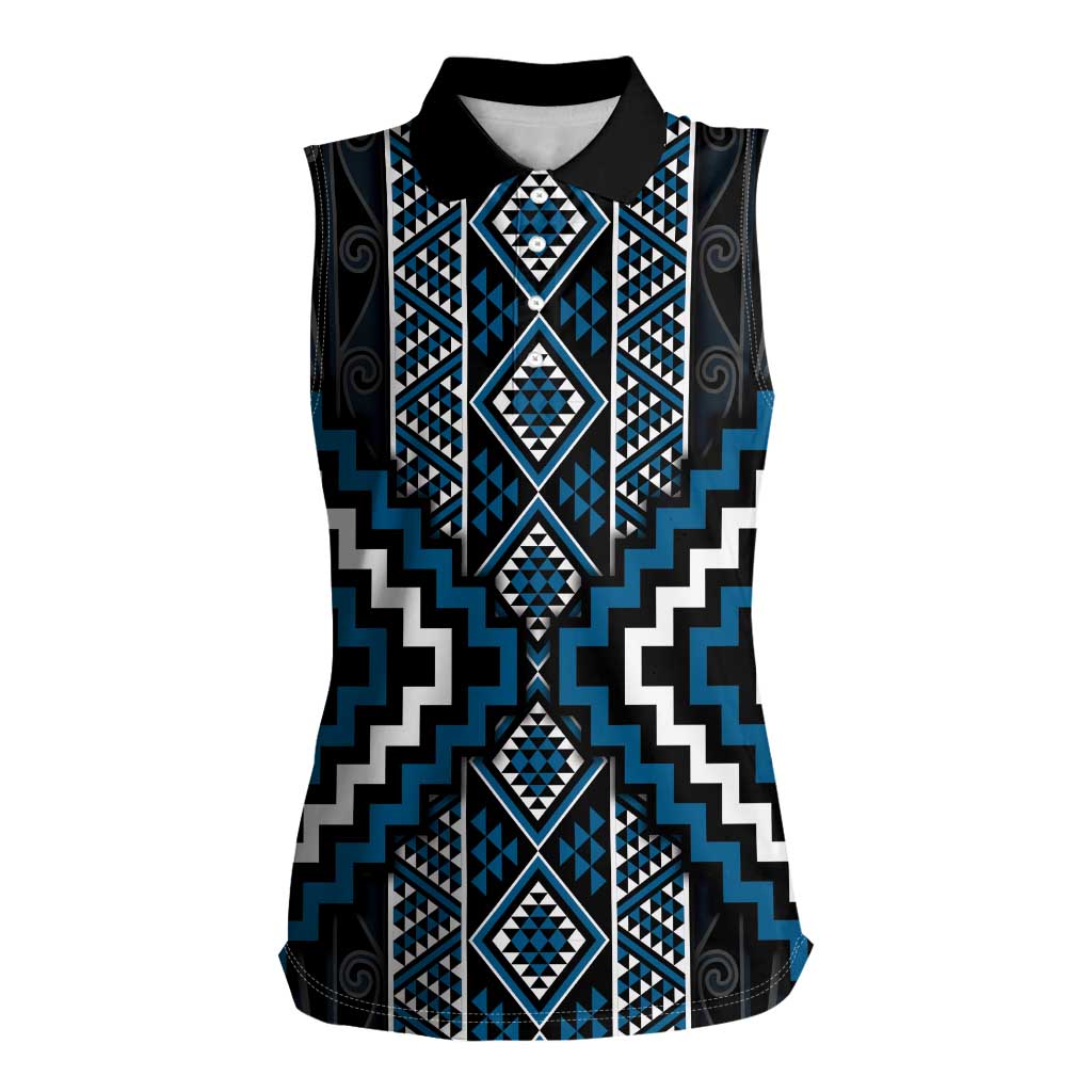 Azure Tukutuku Pattern Aotearoa Women Sleeveless Polo Shirt Niho Taniwha and Puhoro Motifs