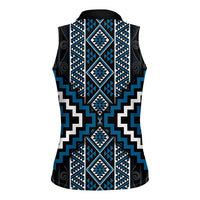 Azure Tukutuku Pattern Aotearoa Women Sleeveless Polo Shirt Niho Taniwha and Puhoro Motifs