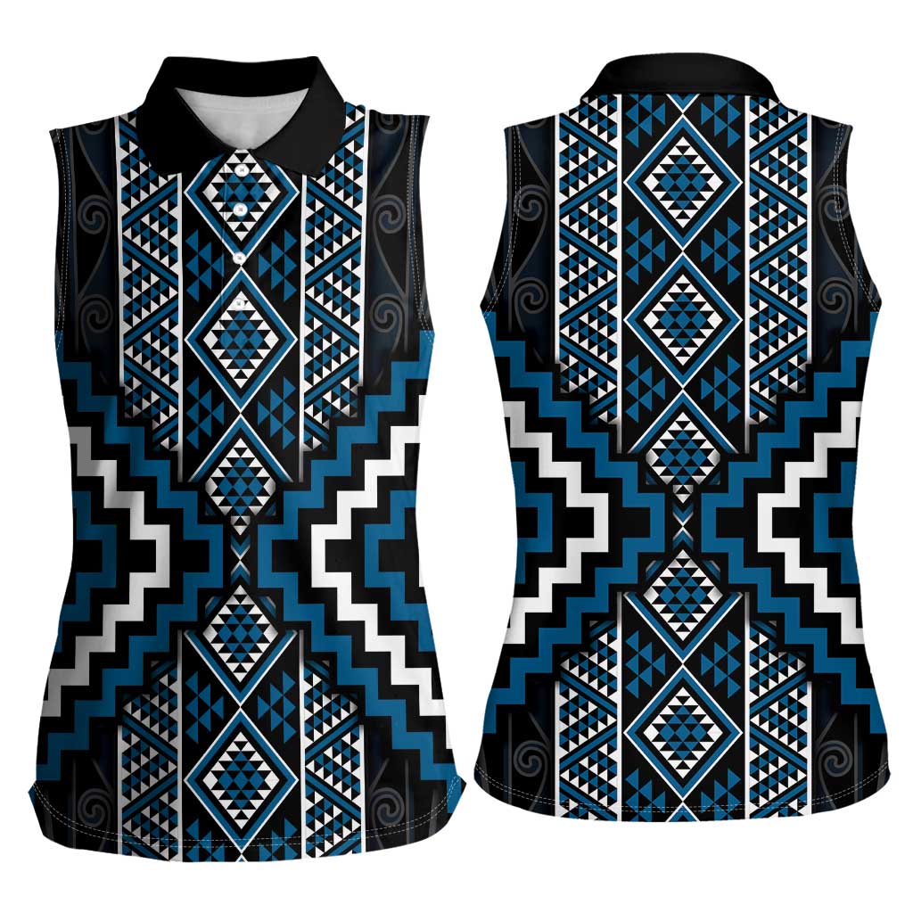 Azure Tukutuku Pattern Aotearoa Women Sleeveless Polo Shirt Niho Taniwha and Puhoro Motifs
