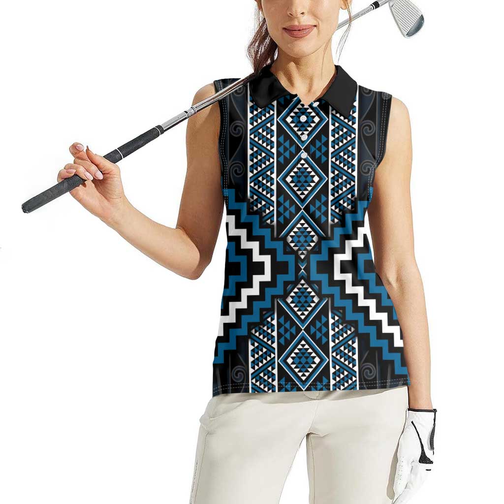 Azure Tukutuku Pattern Aotearoa Women Sleeveless Polo Shirt Niho Taniwha and Puhoro Motifs