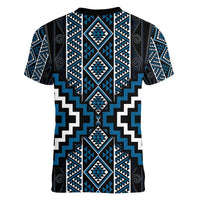 Azure Tukutuku Pattern Aotearoa Women V-Neck T-Shirt Niho Taniwha and Puhoro Motifs