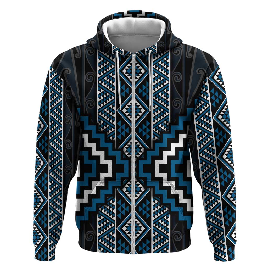 Azure Tukutuku Pattern Aotearoa Zip Hoodie Niho Taniwha and Puhoro Motifs LT7 Zip Hoodie Blue - Polynesian Pride