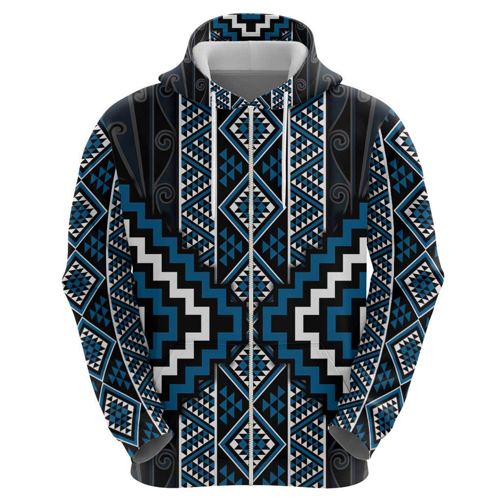 Azure Tukutuku Pattern Aotearoa Zip Hoodie Niho Taniwha and Puhoro Motifs LT7 - Polynesian Pride