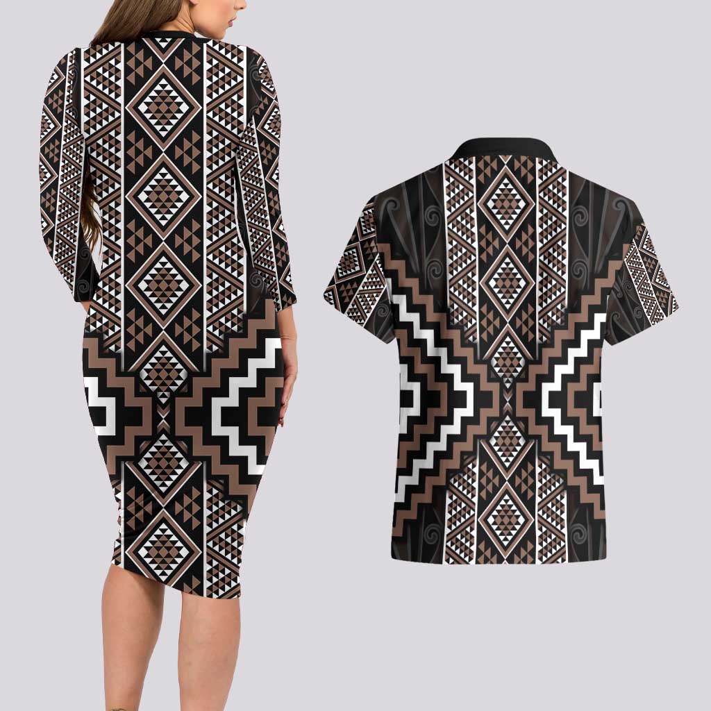 Classic Tukutuku Pattern Aotearoa Couples Matching Long Sleeve Bodycon Dress and Hawaiian Shirt Niho Taniwha and Puhoro Motifs
