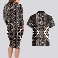 Classic Tukutuku Pattern Aotearoa Couples Matching Long Sleeve Bodycon Dress and Hawaiian Shirt Niho Taniwha and Puhoro Motifs