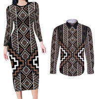 Classic Tukutuku Pattern Aotearoa Couples Matching Long Sleeve Bodycon Dress and Long Sleeve Button Shirt Niho Taniwha and Puhoro Motifs
