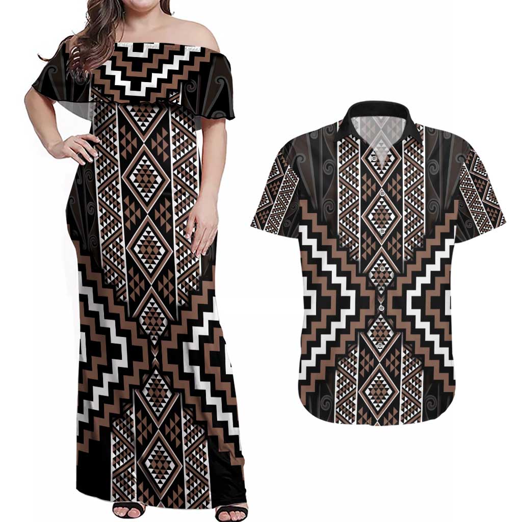 Classic Tukutuku Pattern Aotearoa Couples Matching Off Shoulder Maxi Dress and Hawaiian Shirt Niho Taniwha and Puhoro Motifs