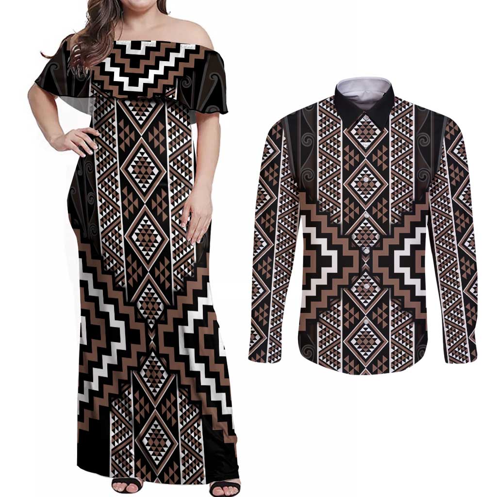 Classic Tukutuku Pattern Aotearoa Couples Matching Off Shoulder Maxi Dress and Long Sleeve Button Shirt Niho Taniwha and Puhoro Motifs LT7 Brown - Polynesian Pride