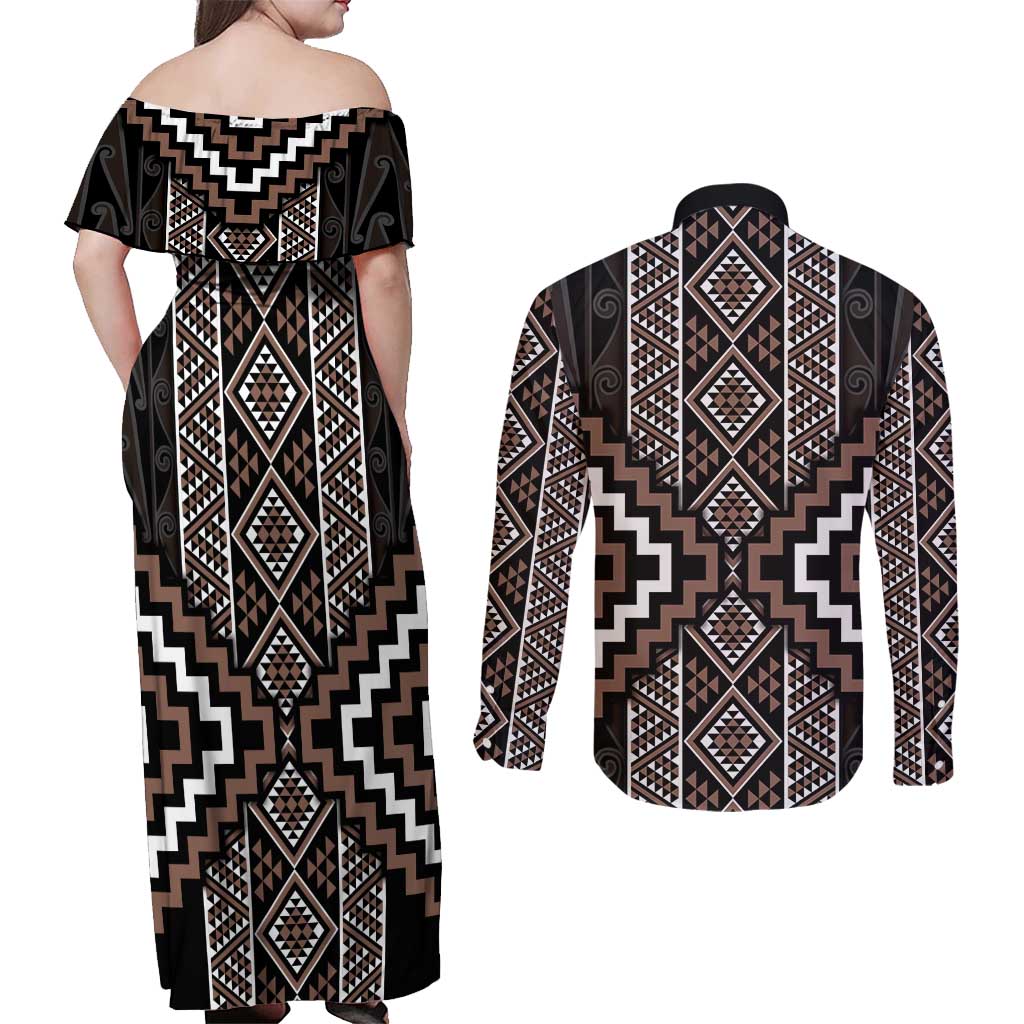 Classic Tukutuku Pattern Aotearoa Couples Matching Off Shoulder Maxi Dress and Long Sleeve Button Shirt Niho Taniwha and Puhoro Motifs LT7 - Polynesian Pride