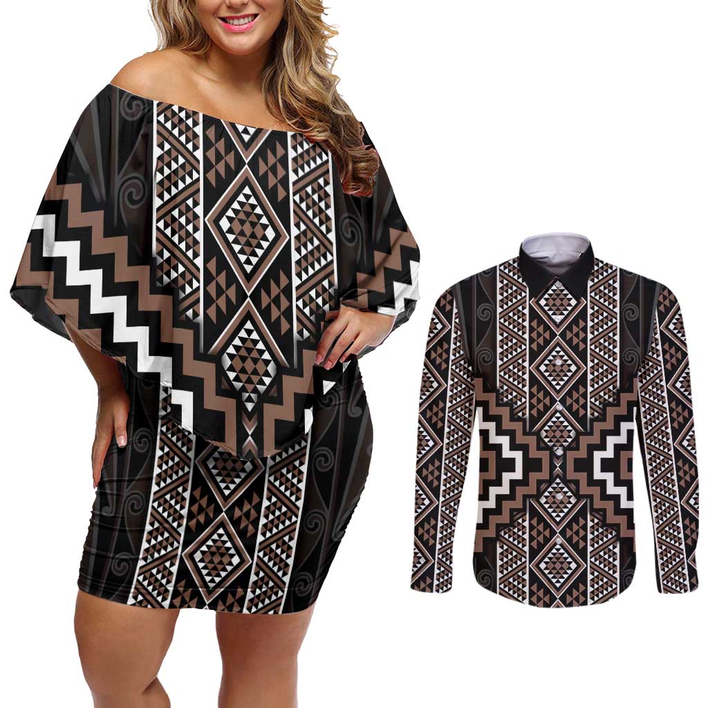 Classic Tukutuku Pattern Aotearoa Couples Matching Off Shoulder Short Dress and Long Sleeve Button Shirt Niho Taniwha and Puhoro Motifs LT7 Brown - Polynesian Pride