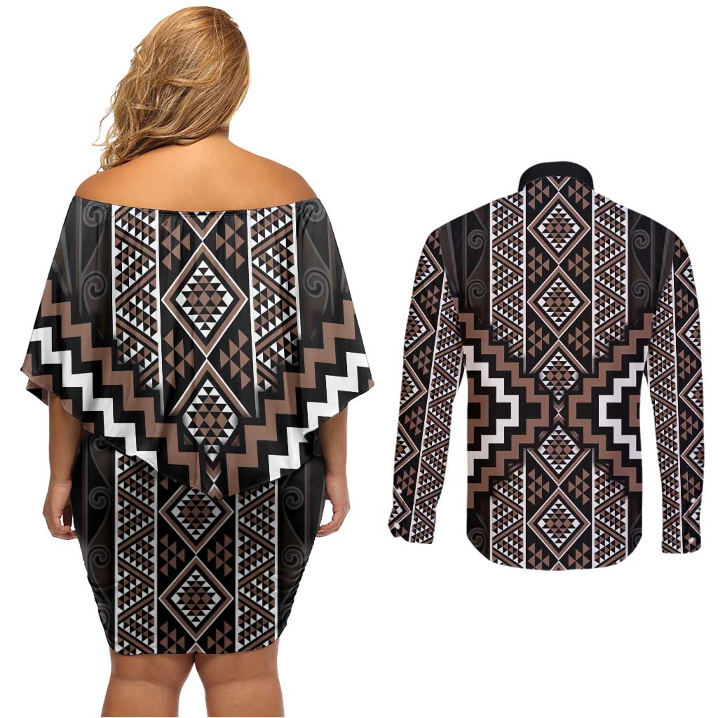 Classic Tukutuku Pattern Aotearoa Couples Matching Off Shoulder Short Dress and Long Sleeve Button Shirt Niho Taniwha and Puhoro Motifs LT7 - Polynesian Pride