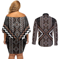 Classic Tukutuku Pattern Aotearoa Couples Matching Off Shoulder Short Dress and Long Sleeve Button Shirt Niho Taniwha and Puhoro Motifs LT7 - Polynesian Pride