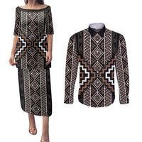 Classic Tukutuku Pattern Aotearoa Couples Matching Puletasi and Long Sleeve Button Shirt Niho Taniwha and Puhoro Motifs