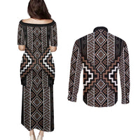 Classic Tukutuku Pattern Aotearoa Couples Matching Puletasi and Long Sleeve Button Shirt Niho Taniwha and Puhoro Motifs