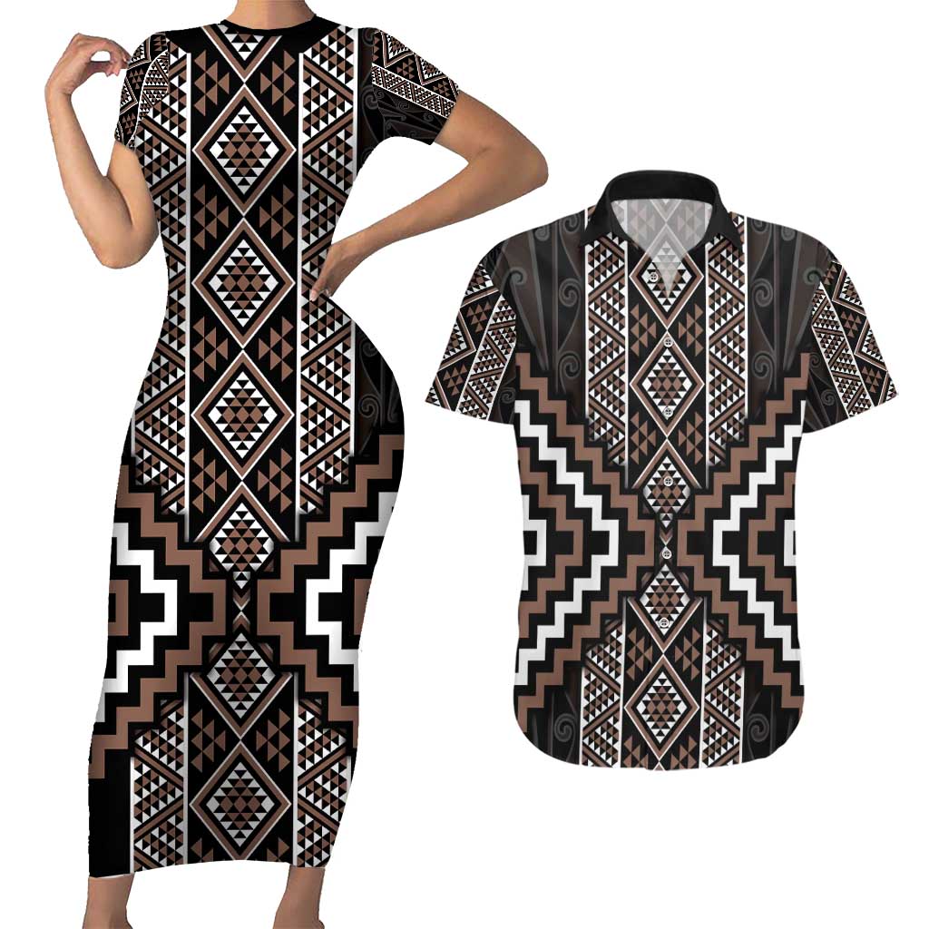 Classic Tukutuku Pattern Aotearoa Couples Matching Short Sleeve Bodycon Dress and Hawaiian Shirt Niho Taniwha and Puhoro Motifs