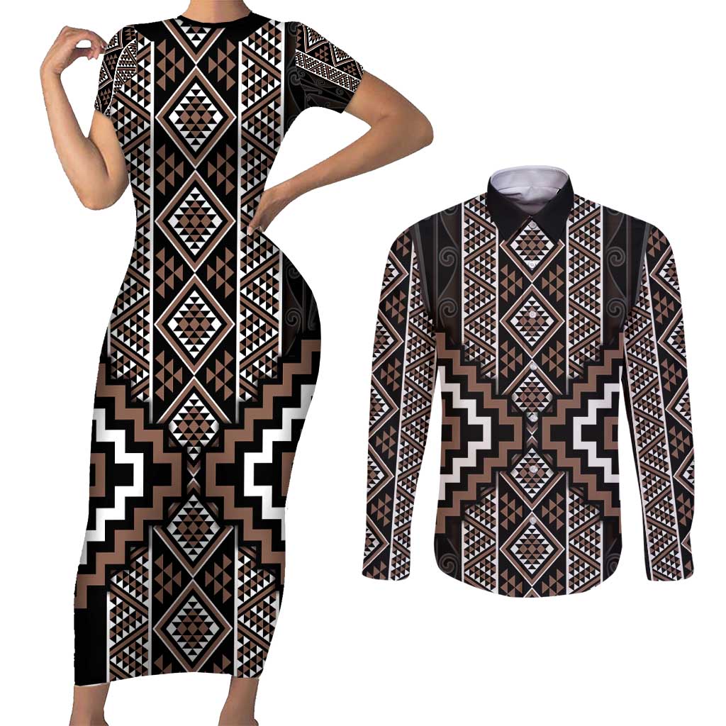 Classic Tukutuku Pattern Aotearoa Couples Matching Short Sleeve Bodycon Dress and Long Sleeve Button Shirt Niho Taniwha and Puhoro Motifs