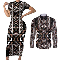 Classic Tukutuku Pattern Aotearoa Couples Matching Short Sleeve Bodycon Dress and Long Sleeve Button Shirt Niho Taniwha and Puhoro Motifs