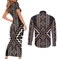 Classic Tukutuku Pattern Aotearoa Couples Matching Short Sleeve Bodycon Dress and Long Sleeve Button Shirt Niho Taniwha and Puhoro Motifs