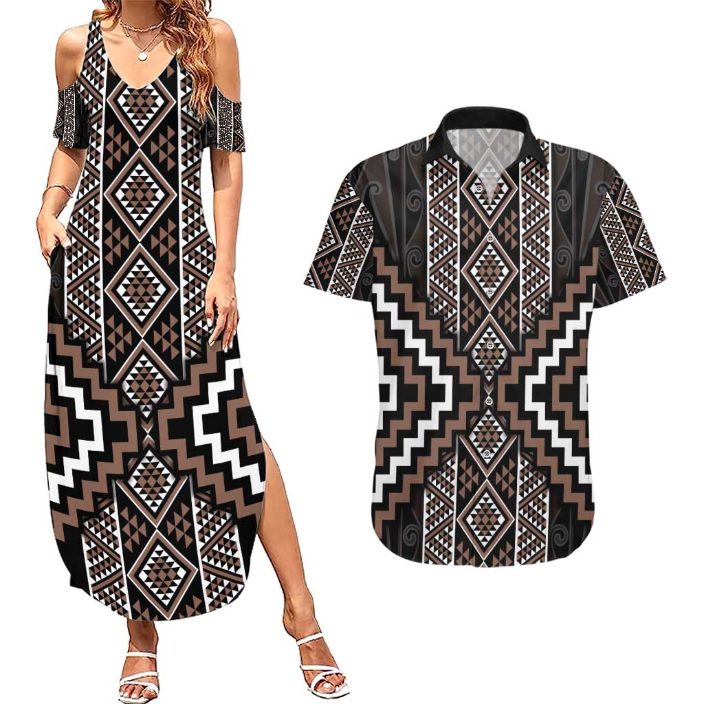 Classic Tukutuku Pattern Aotearoa Couples Matching Summer Maxi Dress and Hawaiian Shirt Niho Taniwha and Puhoro Motifs