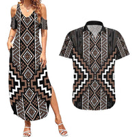 Classic Tukutuku Pattern Aotearoa Couples Matching Summer Maxi Dress and Hawaiian Shirt Niho Taniwha and Puhoro Motifs