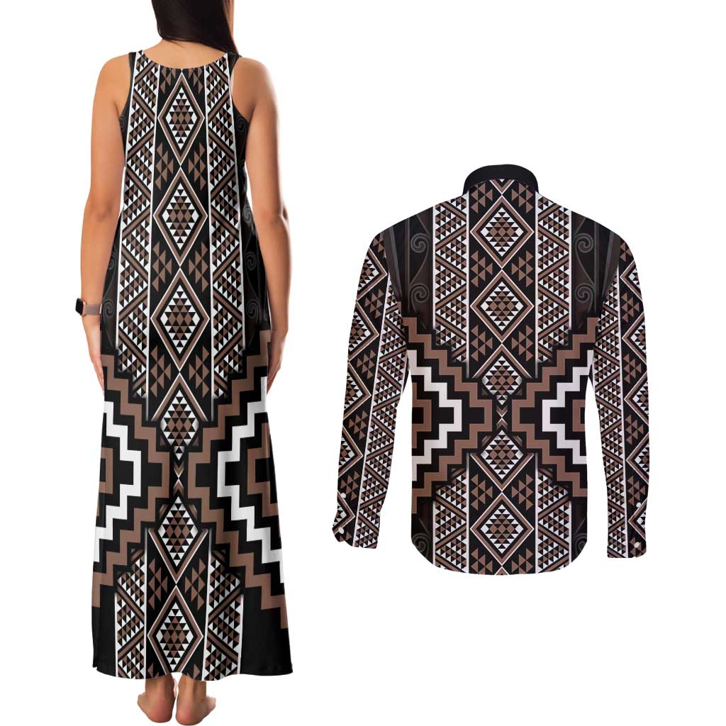 Classic Tukutuku Pattern Aotearoa Couples Matching Tank Maxi Dress and Long Sleeve Button Shirt Niho Taniwha and Puhoro Motifs