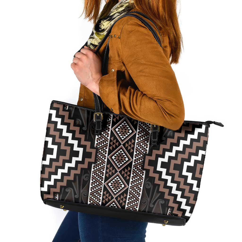 Classic Tukutuku Pattern Aotearoa Leather Tote Bag Niho Taniwha and Puhoro Motifs LT7 Brown - Polynesian Pride