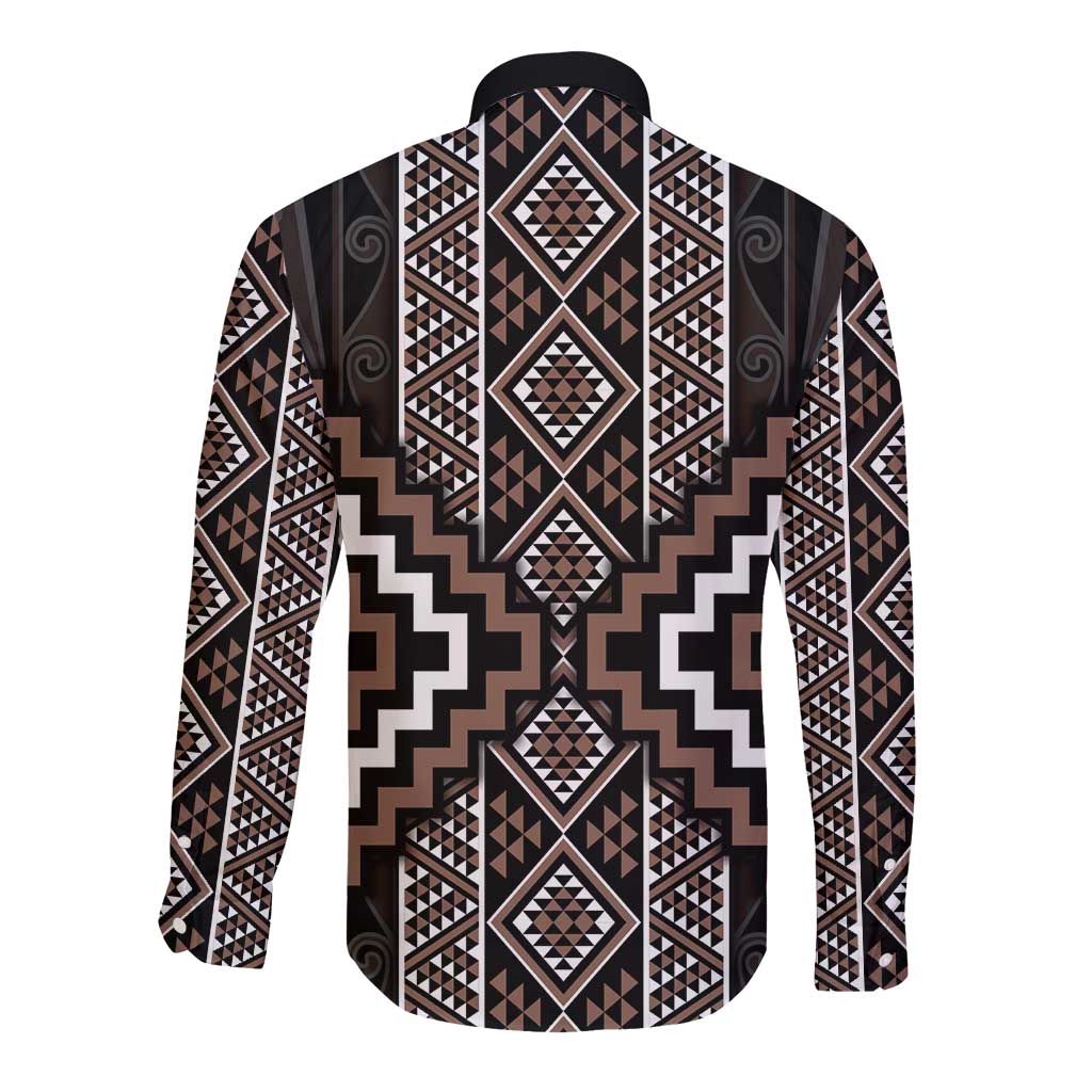 Classic Tukutuku Pattern Aotearoa Long Sleeve Button Shirt Niho Taniwha and Puhoro Motifs LT7 - Polynesian Pride