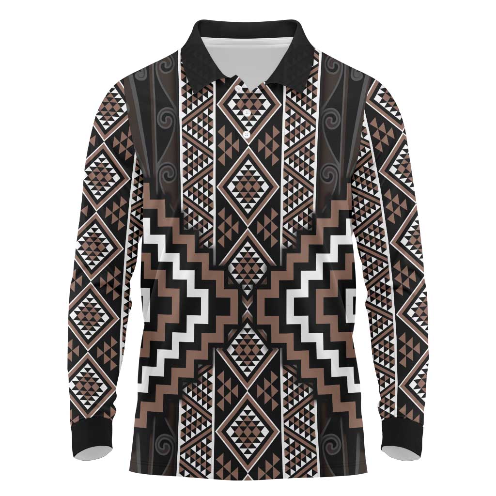 Classic Tukutuku Pattern Aotearoa Long Sleeve Polo Shirt Niho Taniwha and Puhoro Motifs