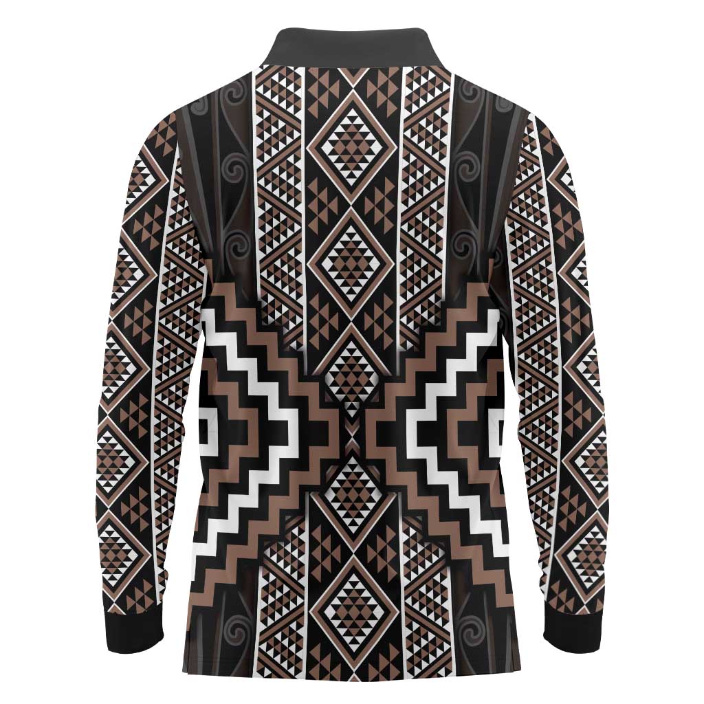 Classic Tukutuku Pattern Aotearoa Long Sleeve Polo Shirt Niho Taniwha and Puhoro Motifs