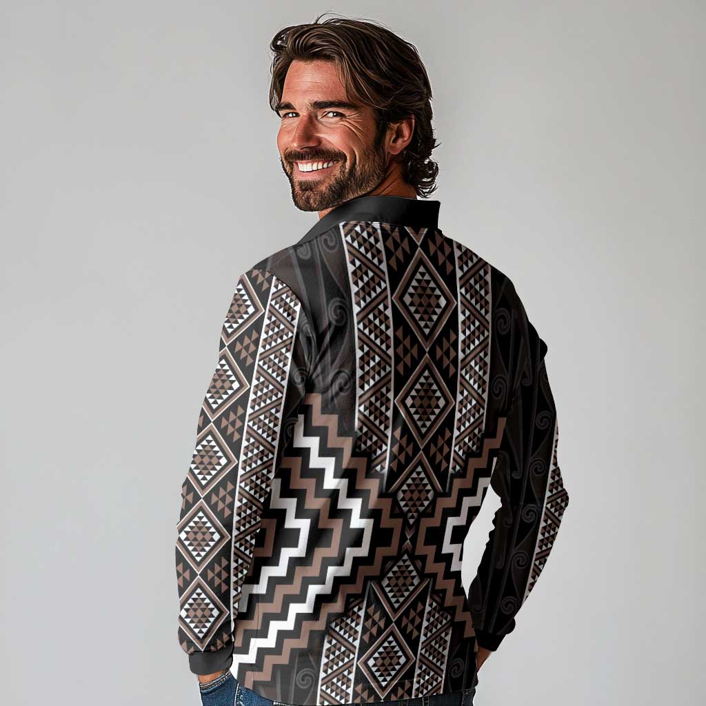 Classic Tukutuku Pattern Aotearoa Long Sleeve Polo Shirt Niho Taniwha and Puhoro Motifs